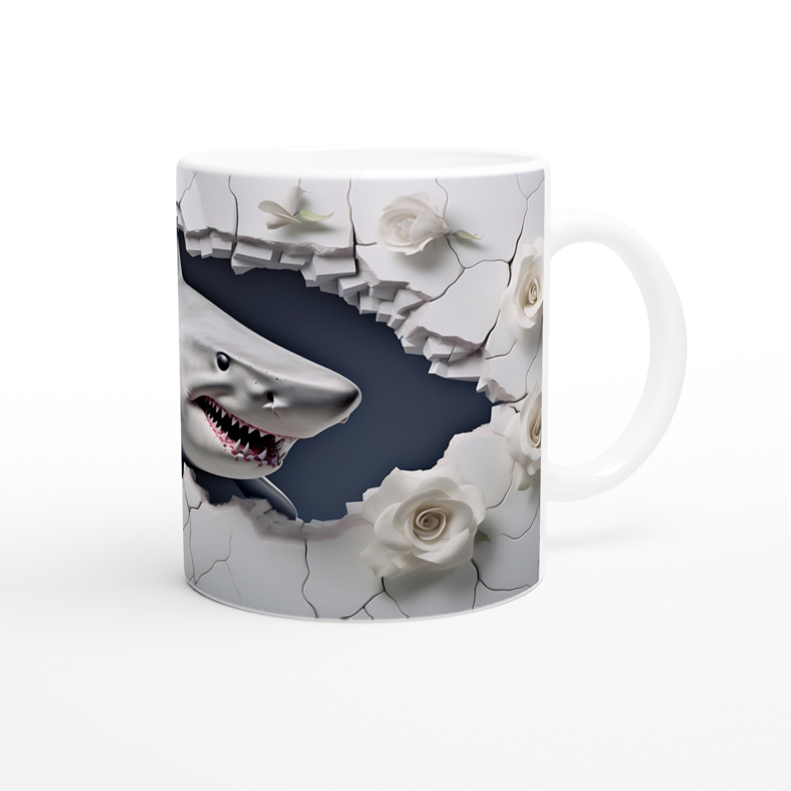 Duvarı Yırtan Köpekbalığı ve Beyaz Gül Temalı Su Altı Kupa Bardak - 3