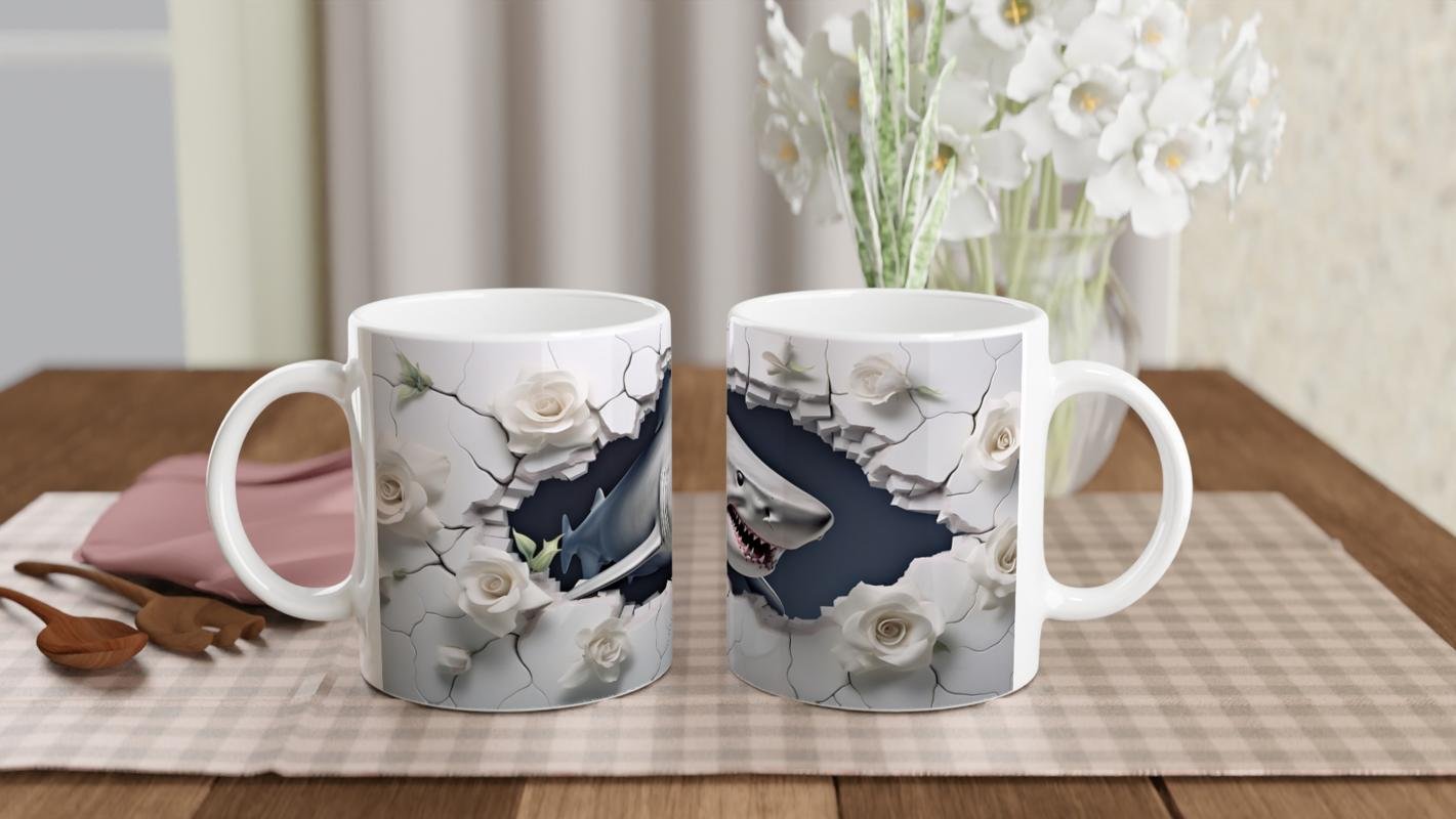 Duvarı Yırtan Köpekbalığı ve Beyaz Gül Temalı Su Altı Kupa Bardak - 5