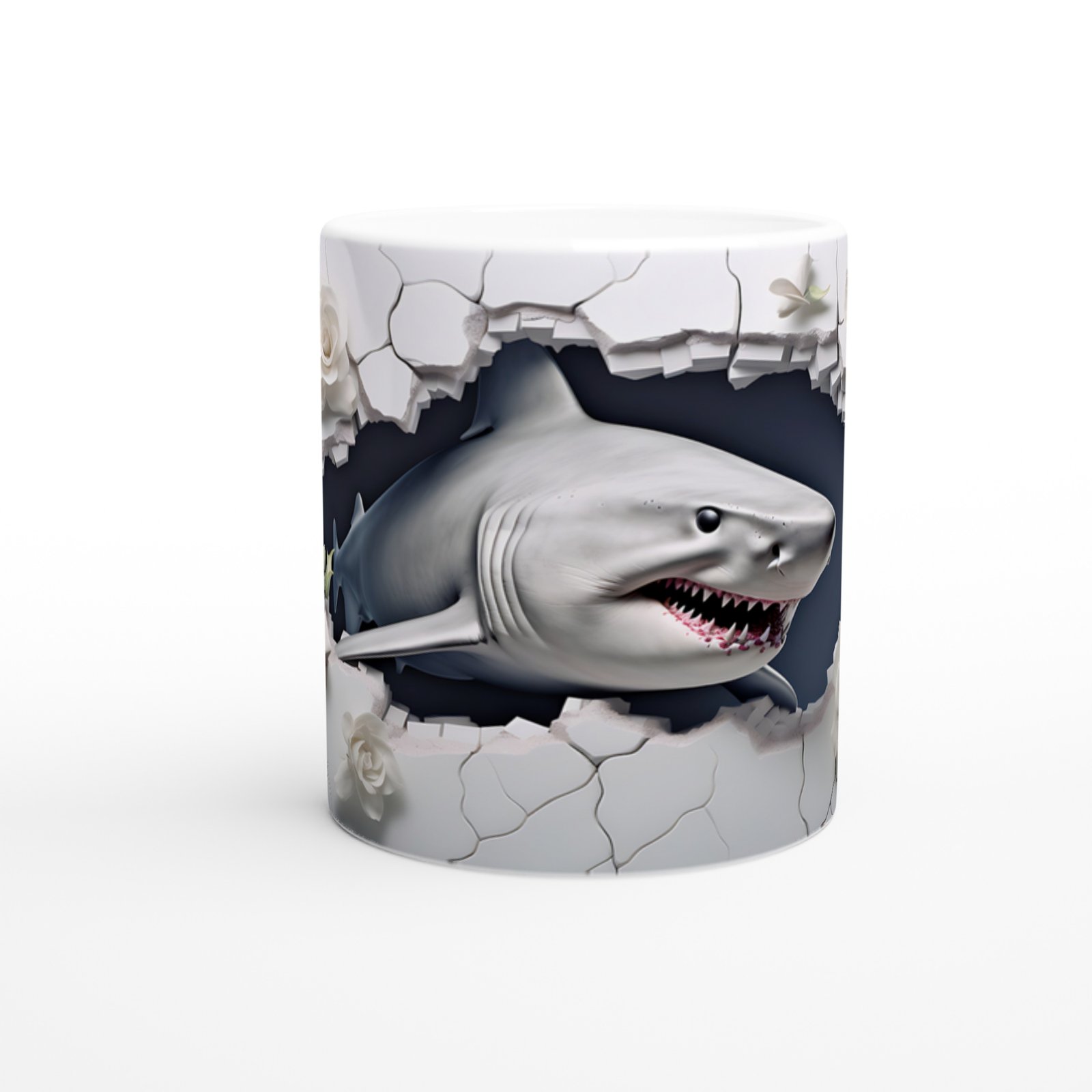 Duvarı Yırtan Köpekbalığı ve Beyaz Gül Temalı Su Altı Kupa Bardak