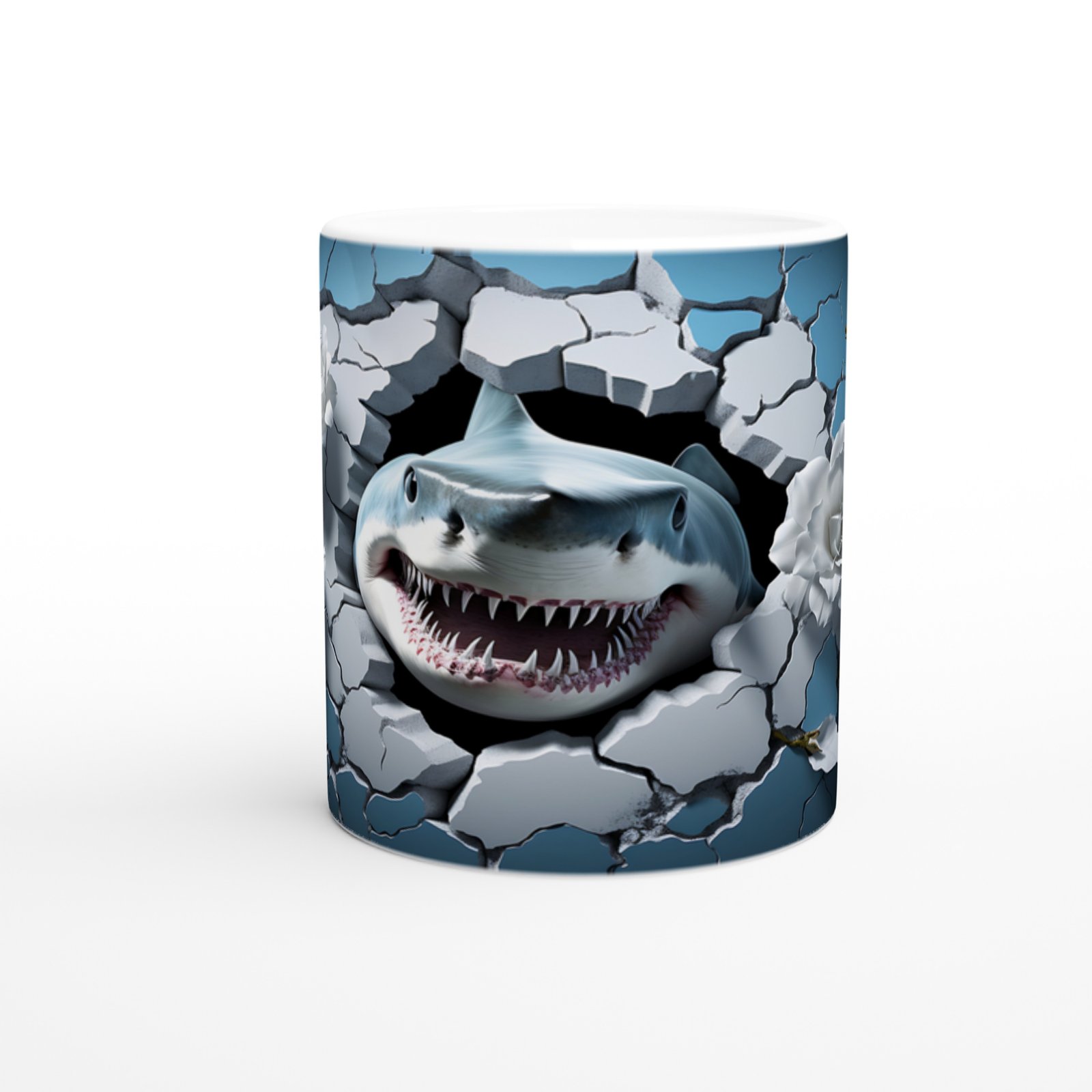 Duvarı Yırtan Vahşi Köpekbalığı ve Beyaz Güller Su Altı Temalı Kupa Bardak