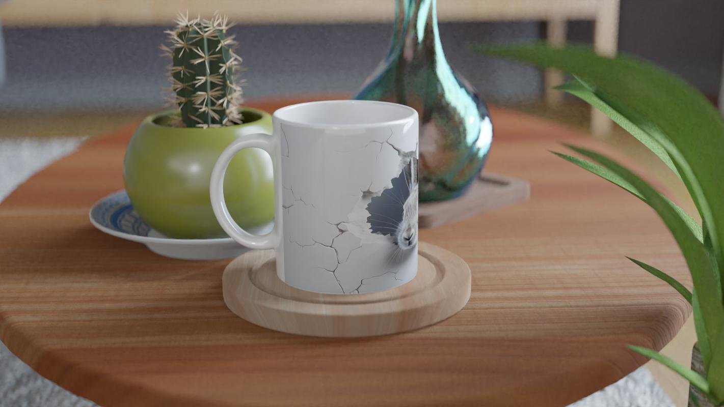 Duvarın Ardından Merakla Bakan Tavşan Temalı Baskılı Kupa Bardak - 4