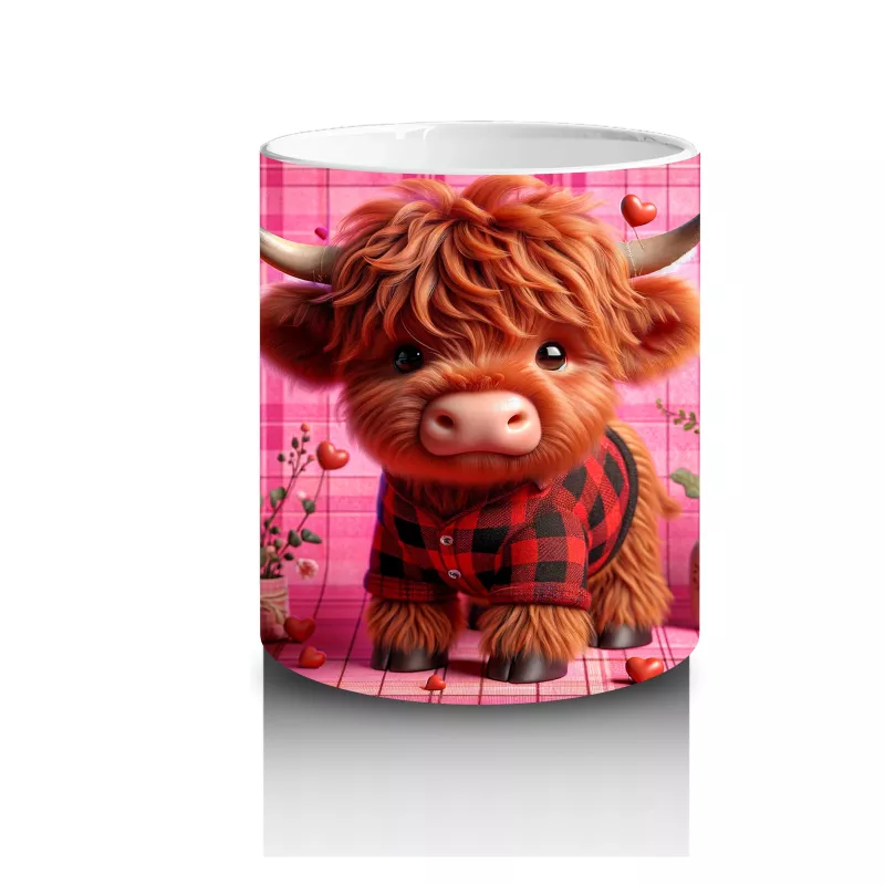 Ekose Zemin Üzerinde Kalpli Boynuzlu Sevimli İnek – Baskılı Kahve Kupası - 3