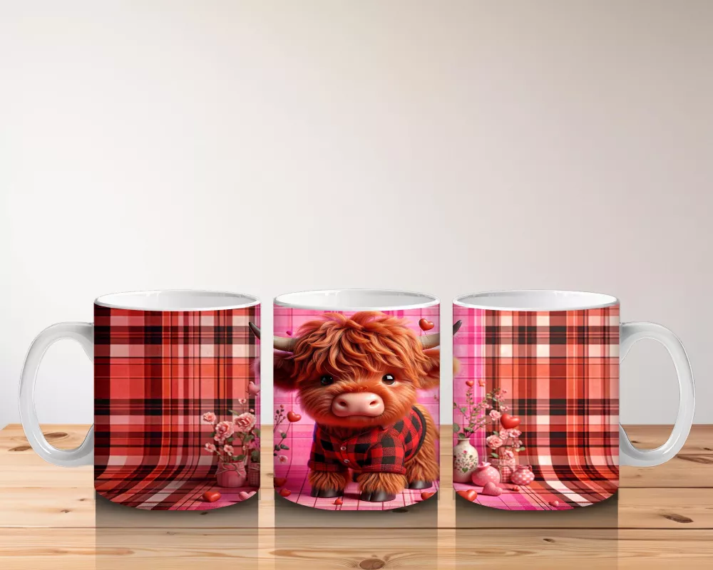 Ekose Zemin Üzerinde Kalpli Boynuzlu Sevimli İnek – Baskılı Kahve Kupası - 5