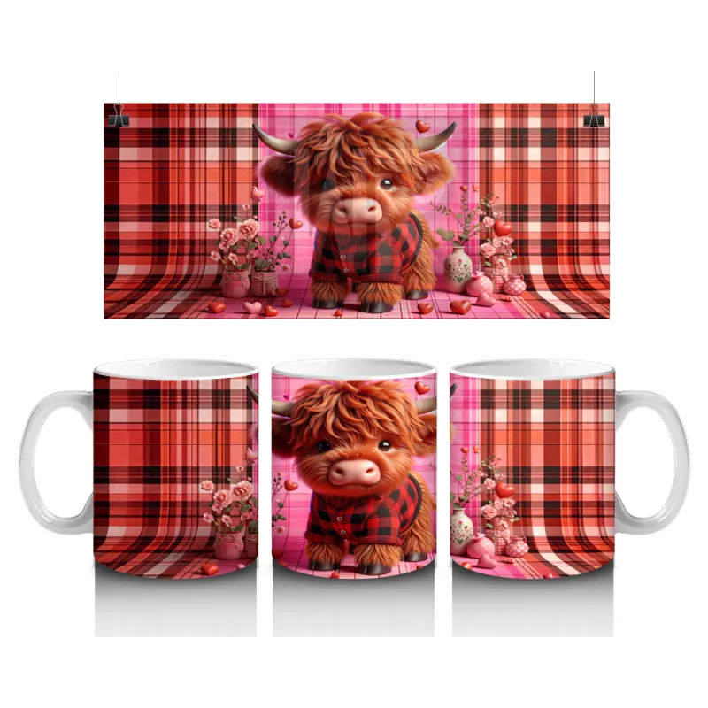 Ekose Zemin Üzerinde Kalpli Boynuzlu Sevimli İnek – Baskılı Kahve Kupası