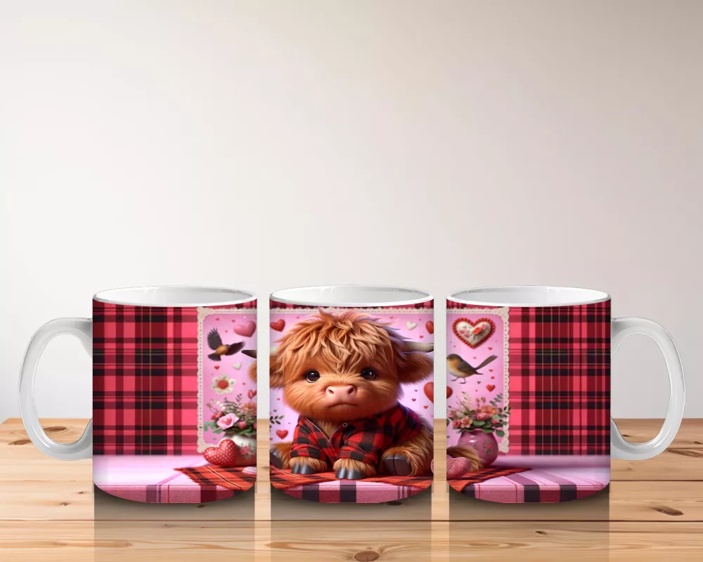 Ekoseli Kalpli Arka Plan Üzerinde Boğa Figürü – Baskılı Kahve Kupası - 5