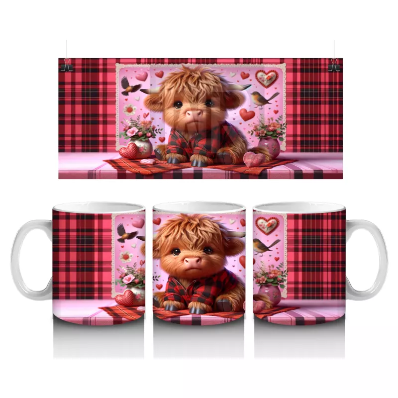 Ekoseli Kalpli Arka Plan Üzerinde Boğa Figürü – Baskılı Kahve Kupası