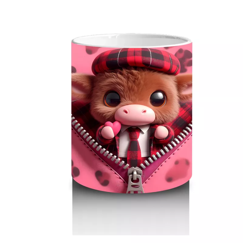 Fermuarlı Kalpli Fon Üzerinde Tatlı Buzağı – Baskılı Kahve Kupası - 3