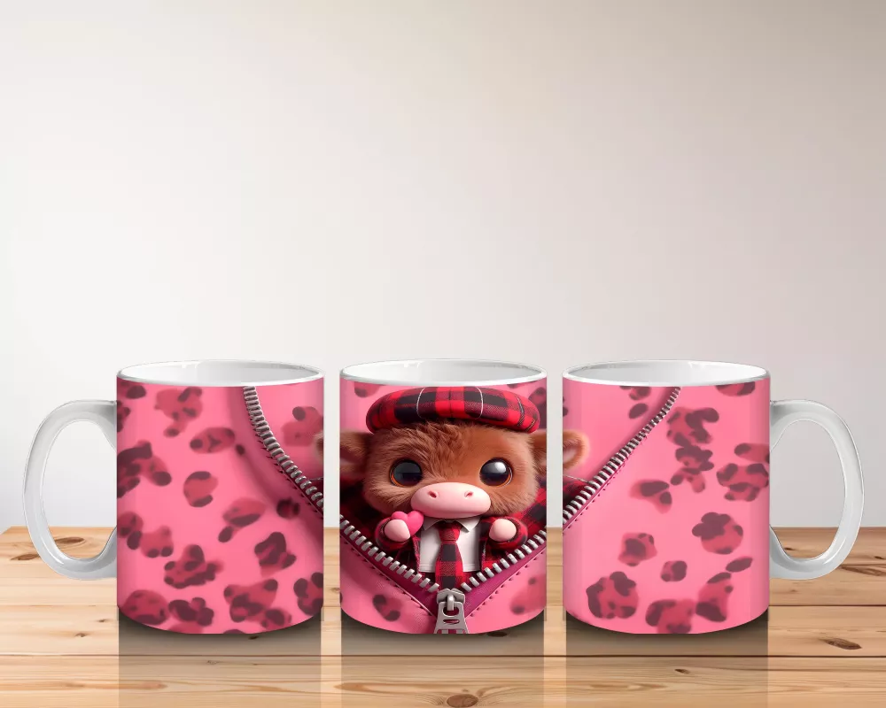 Fermuarlı Kalpli Fon Üzerinde Tatlı Buzağı – Baskılı Kahve Kupası - 5