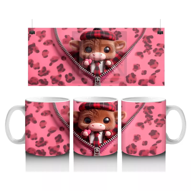 Fermuarlı Kalpli Fon Üzerinde Tatlı Buzağı – Baskılı Kahve Kupası