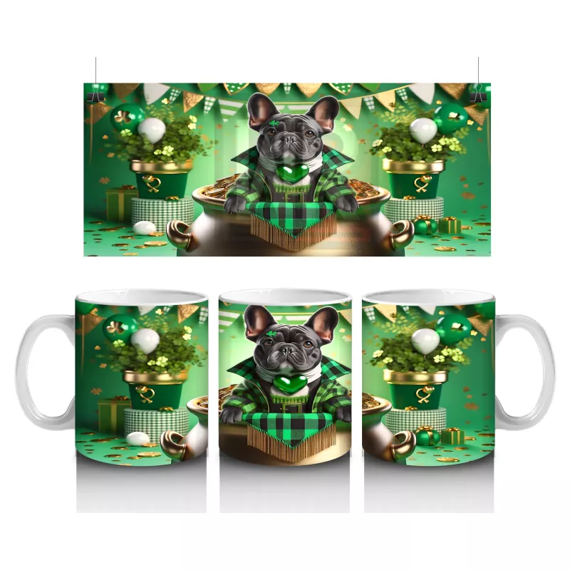 Fransız Bulldog ile St. Patrick Partisi – Altın Kazanlı Eğlenceli Kupa Tasarımı