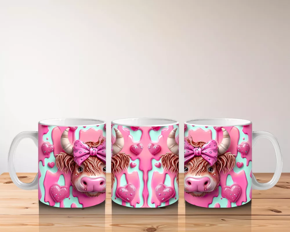 Fuşya Kurdeleli Sevimli Boğa Çifti - Baskılı Kahve Kupası - 5