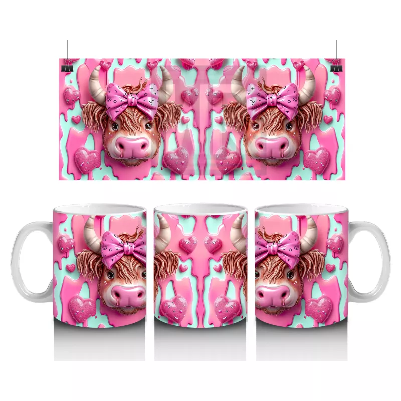 Fuşya Kurdeleli Sevimli Boğa Çifti - Baskılı Kahve Kupası