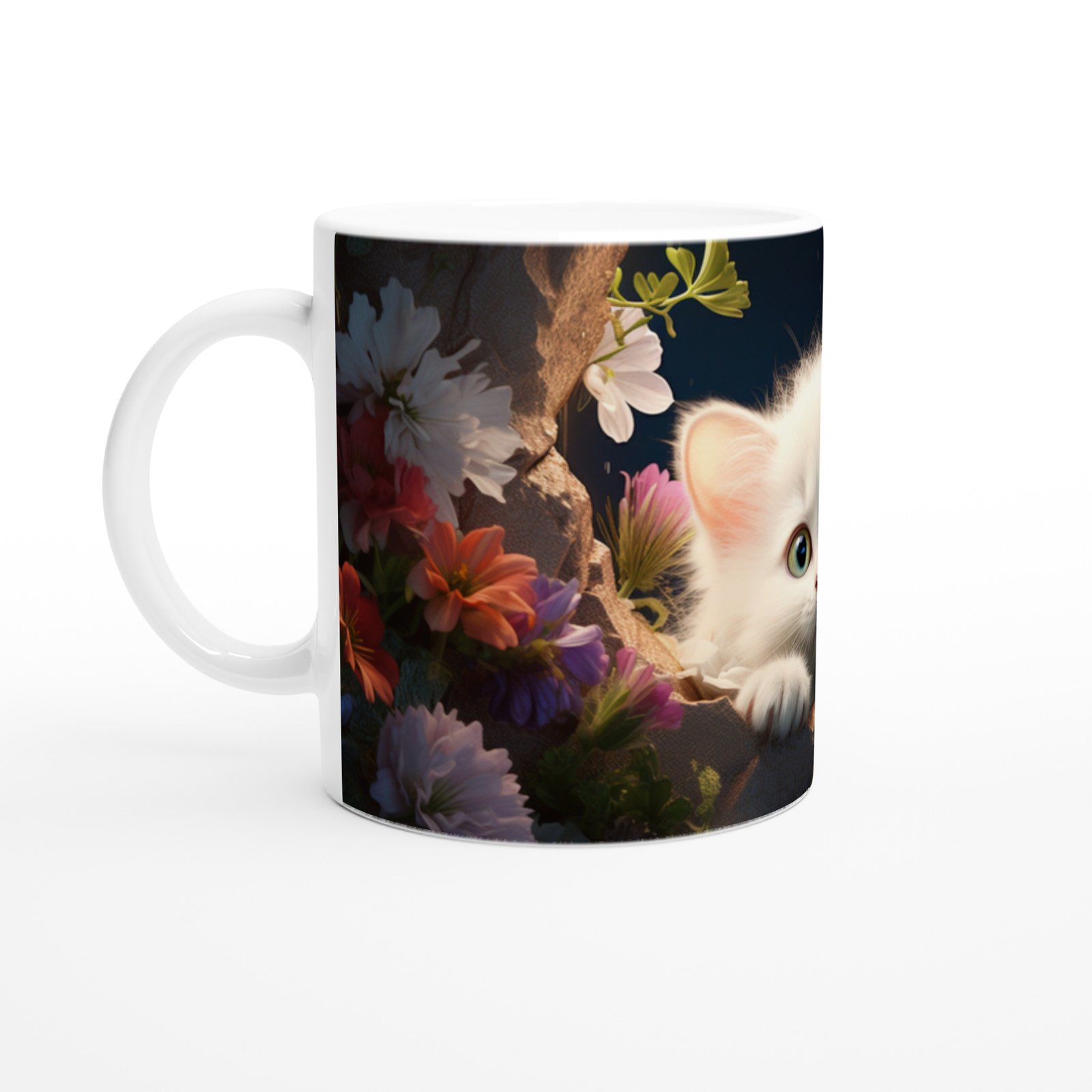 Gece Bahçesinde Parlayan Gözlü Beyaz Kedi Baskılı Kupa Bardak - 2