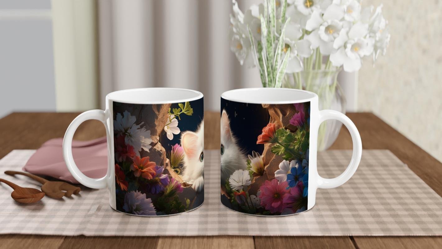 Gece Bahçesinde Parlayan Gözlü Beyaz Kedi Baskılı Kupa Bardak - 5