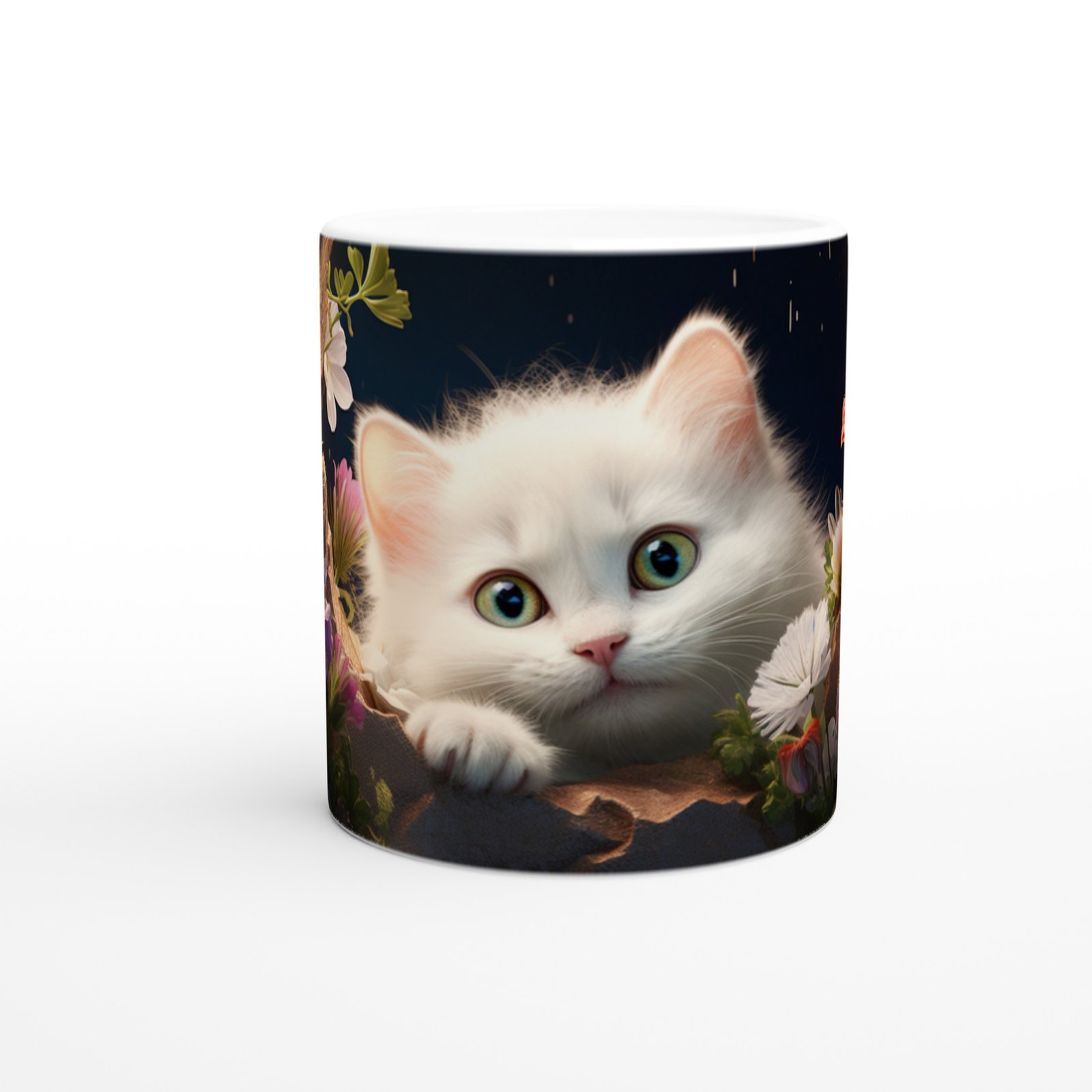 Gece Bahçesinde Parlayan Gözlü Beyaz Kedi Baskılı Kupa Bardak
