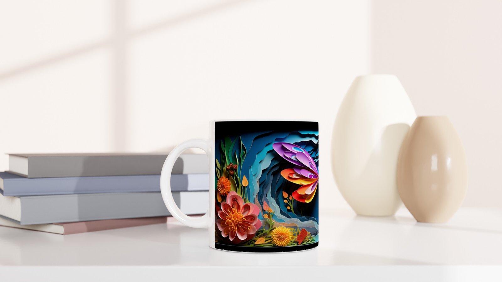 Gece Bahçesindeki Renkli Yusufçuk Temalı Baskılı Kupa Bardak - 5