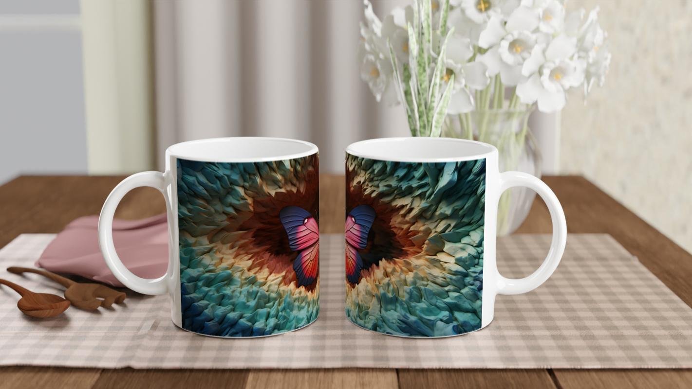 Gizemli Orman Dokusunda Pembe-Mavi Kanatlı Kelebek Baskılı Kupa Bardak - 5