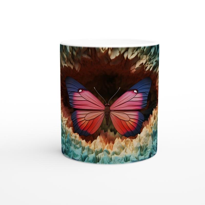 Gizemli Orman Dokusunda Pembe-Mavi Kanatlı Kelebek Baskılı Kupa Bardak