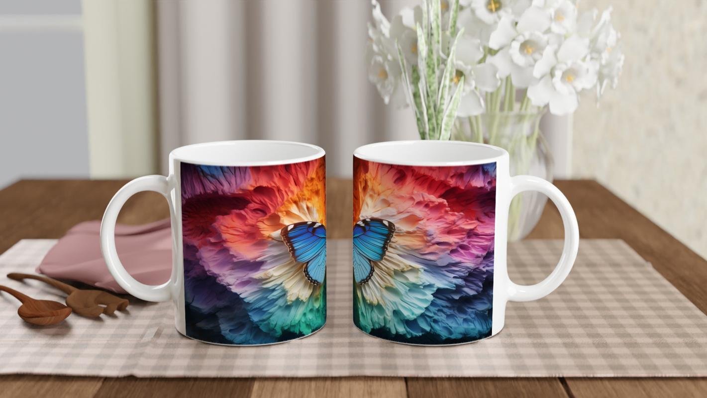 Gökkuşağı Dokusunda Parlayan Mavi Kelebek Baskılı Kupa Bardak - 5