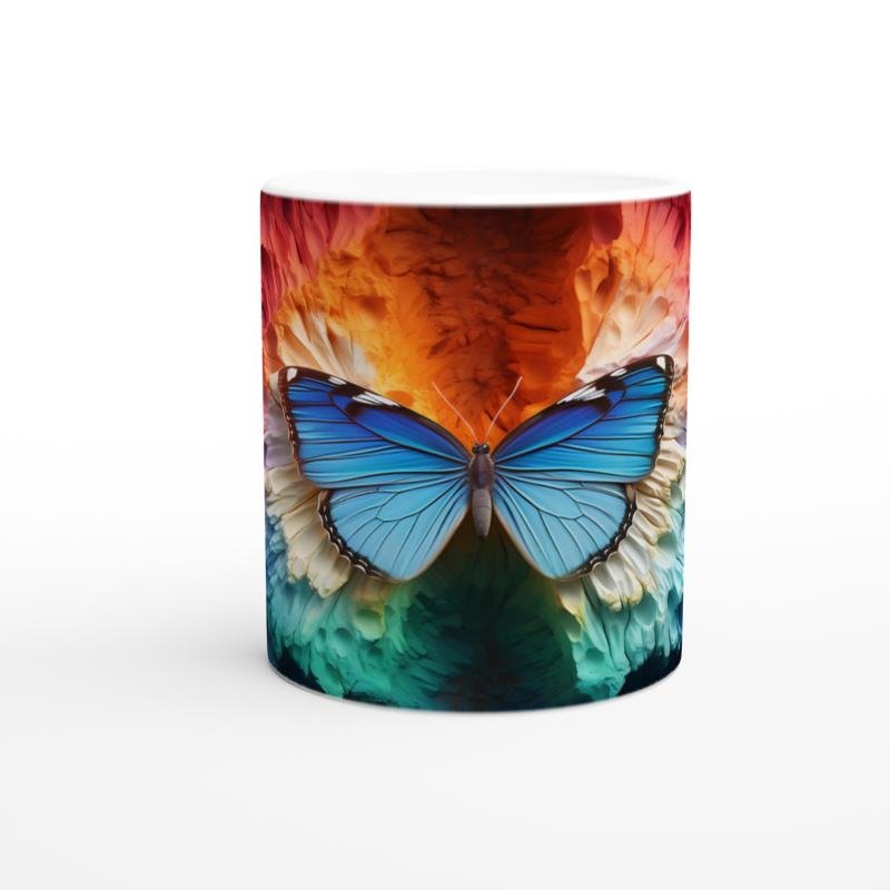 Gökkuşağı Dokusunda Parlayan Mavi Kelebek Baskılı Kupa Bardak