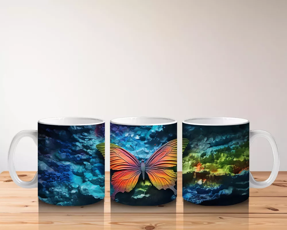 Gökyüzü Tonlarında Renkli Kanatlı Kelebek – Baskılı Kahve Kupası - 5