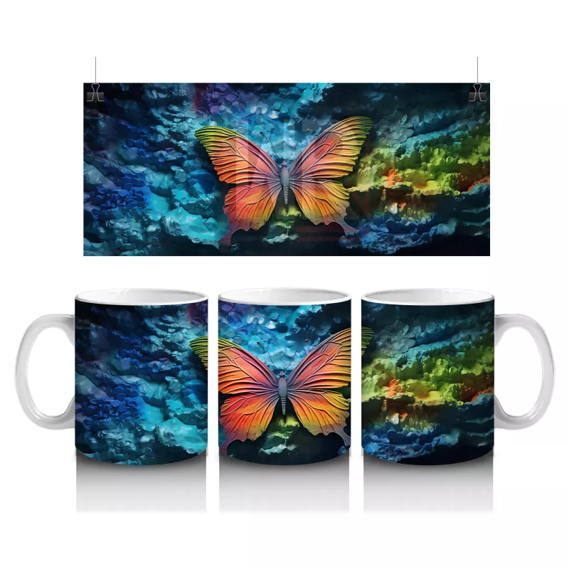 Gökyüzü Tonlarında Renkli Kanatlı Kelebek – Baskılı Kahve Kupası
