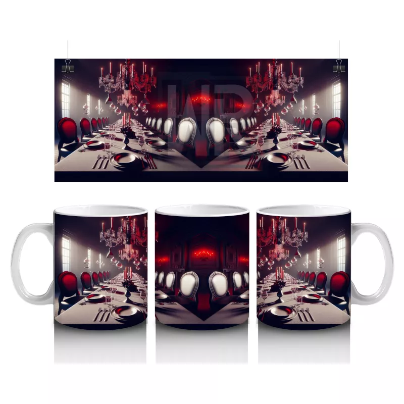 Gotik Saray İçinde Kırmızı Mumlarla Karanlık Cadılar Bayramı Baskılı Kupa Bardak