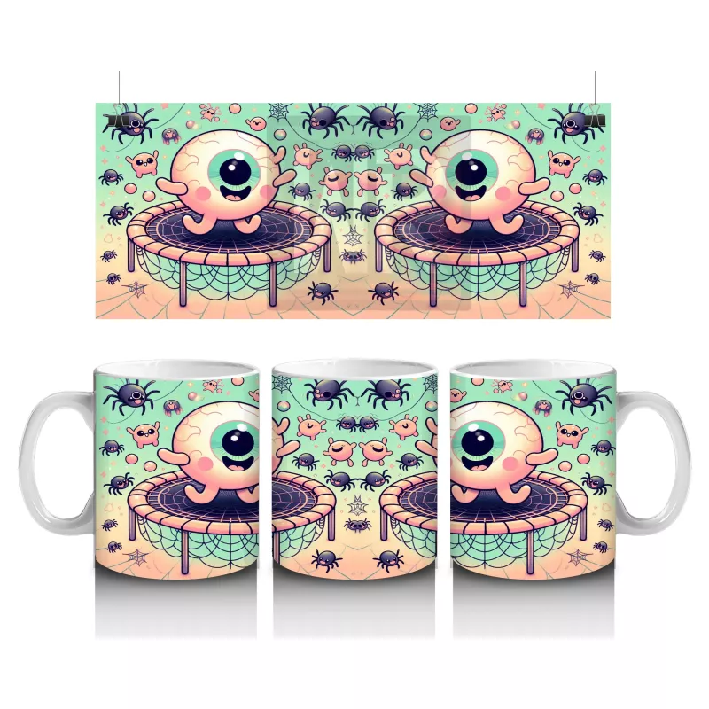 Göz Küresi Figürlü Renkli Şekerlemelerle Süslenmiş Cadılar Bayramı Baskılı Kupa