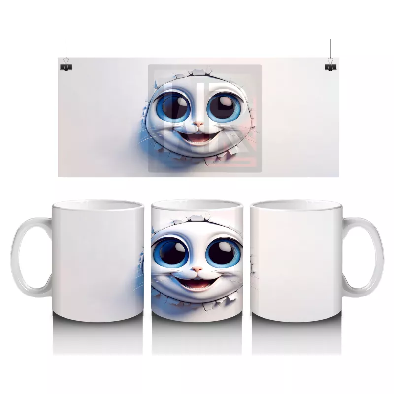 Gözleri Kocaman Sevimli Beyaz Maskot Yüzü – Baskılı Kahve Kupası