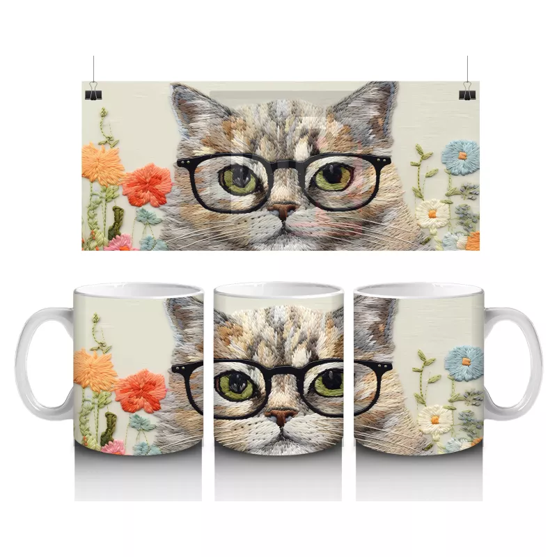Gözlük Takmış Meraklı Bakışlı Kedi – Baskılı Kahve Kupası