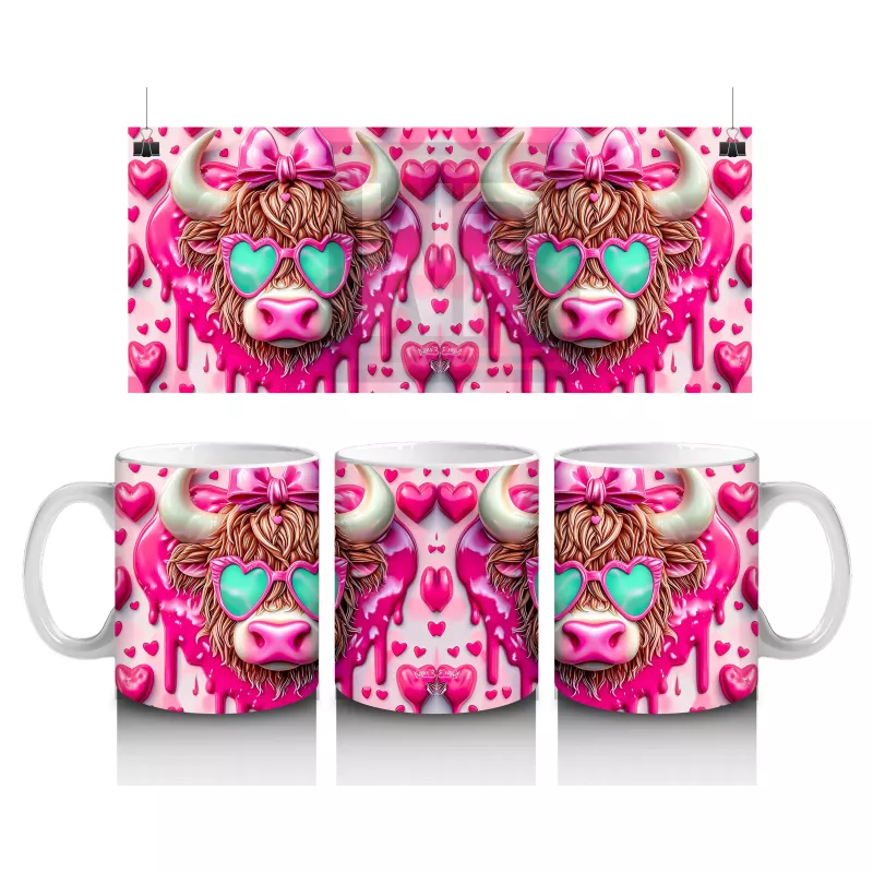 Gözlüklü ve Kalpli Fonlu Neşeli Buzağı Deseni – Baskılı Kahve Kupası