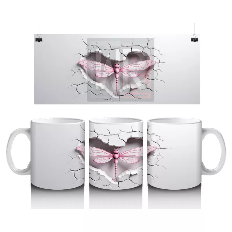 Gri Çatlak Zemin Üzerinde Zarif Pembe Kanatlı Yusufçuk - Baskılı kahve kupası