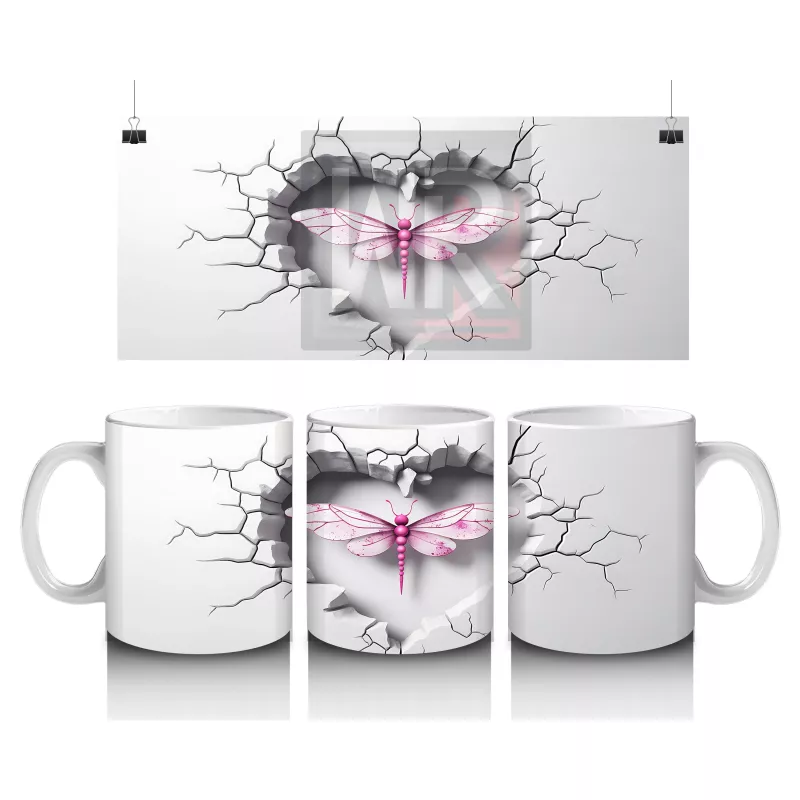 Gri Çatlak Zeminde Kalp Şeklinde Pembe Yusufçuk – Baskılı Kahve Kupası