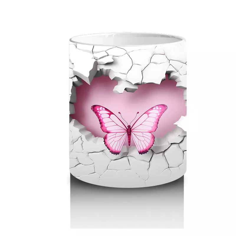 Gri Duvarda Çift Kanatlı Pembe Kelebek – Baskılı Kahve Kupası - 3