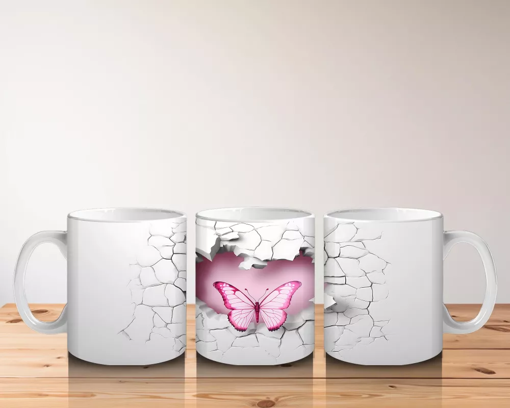 Gri Duvarda Çift Kanatlı Pembe Kelebek – Baskılı Kahve Kupası - 5