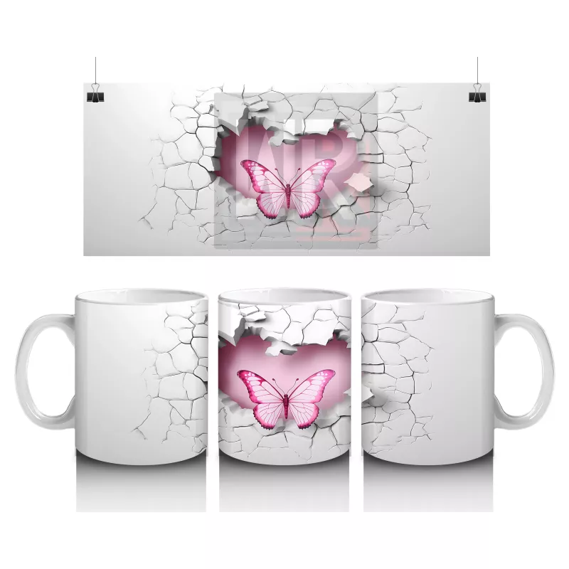 Gri Duvarda Çift Kanatlı Pembe Kelebek – Baskılı Kahve Kupası