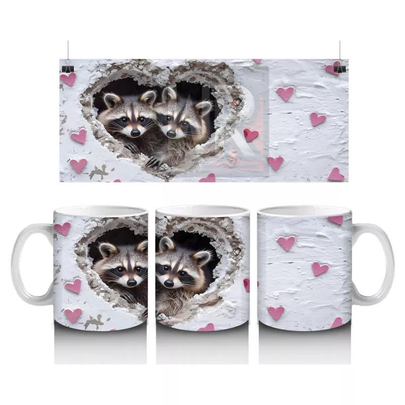 Gri Kürklü Rakun ve Kalpler – Baskılı Kahve Kupası