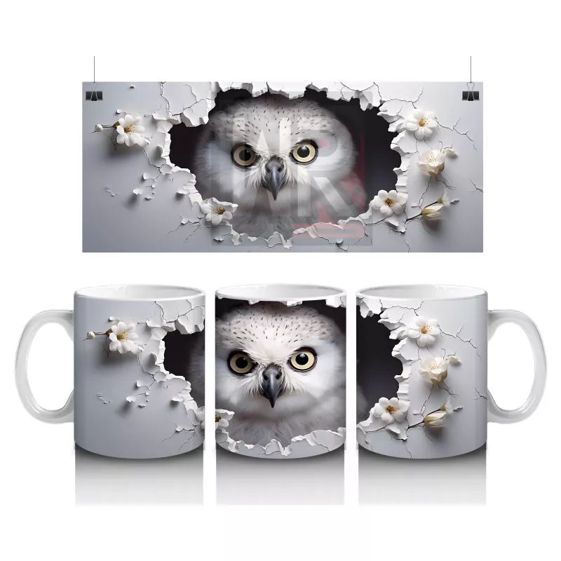 Gri Tüylerle Kaplı Bilge Baykuş Deseni – Baskılı Kahve Kupası