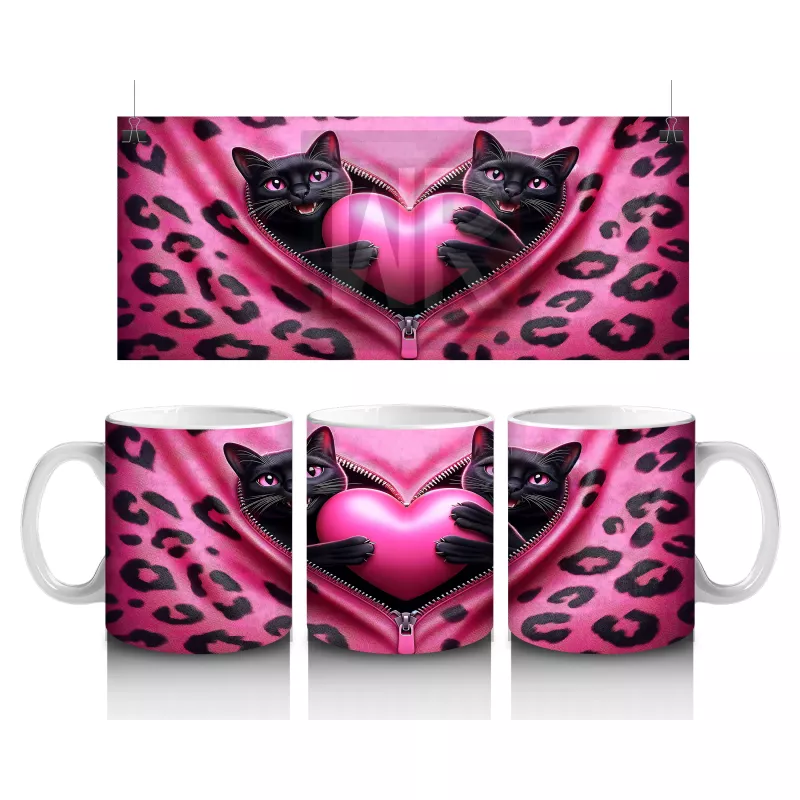 Gri Tüylü Kediler Arasında Kalpli Peluş – Baskılı Kahve Kupası