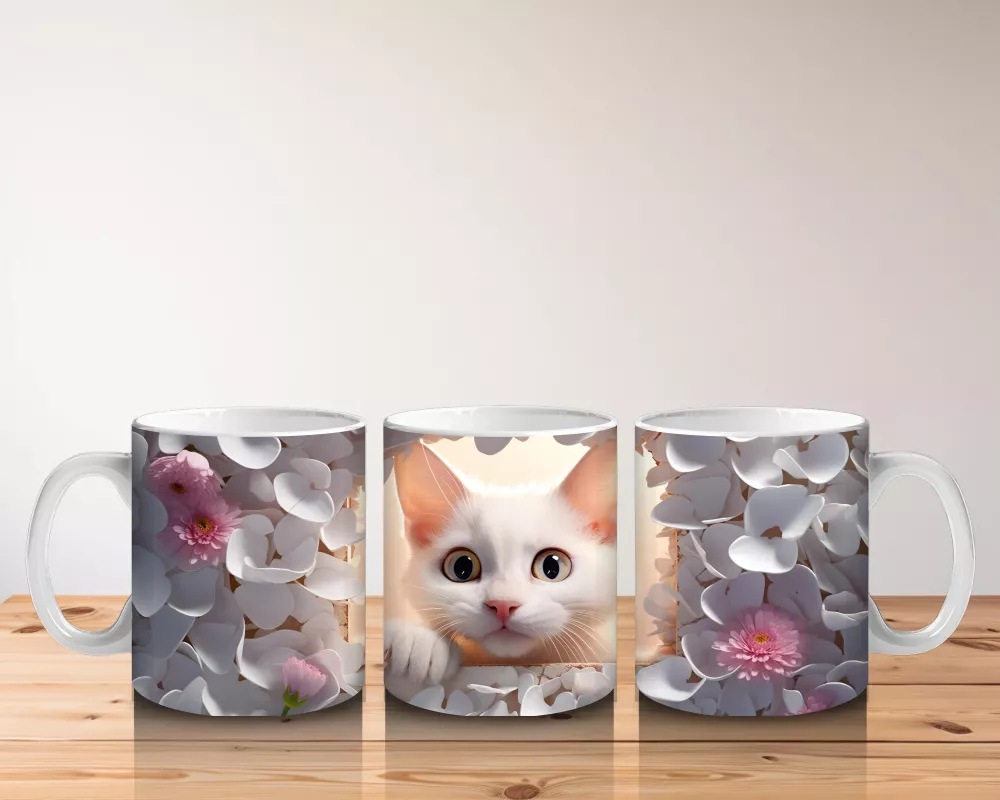 Gri Yapraklar Arasında Meraklı Kedi – Baskılı Kahve Kupası - 5