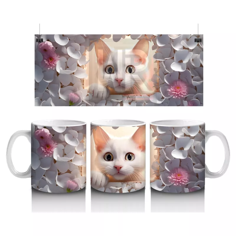 Gri Yapraklar Arasında Meraklı Kedi – Baskılı Kahve Kupası