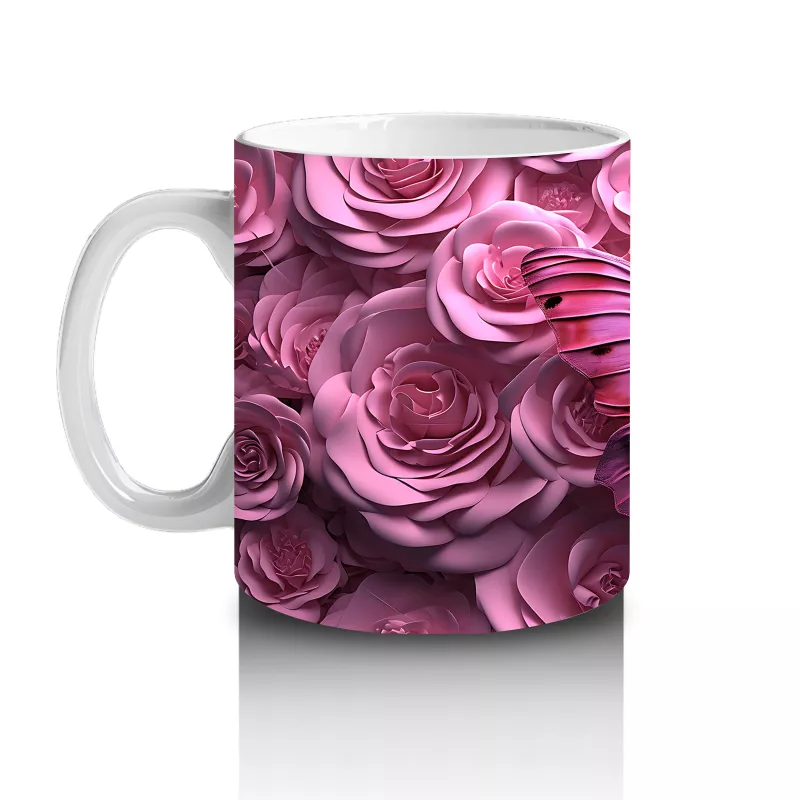 Gül Buketi Arasında Parlayan Pembe Kelebek Deseni - Baskılı kahve kupası - 2