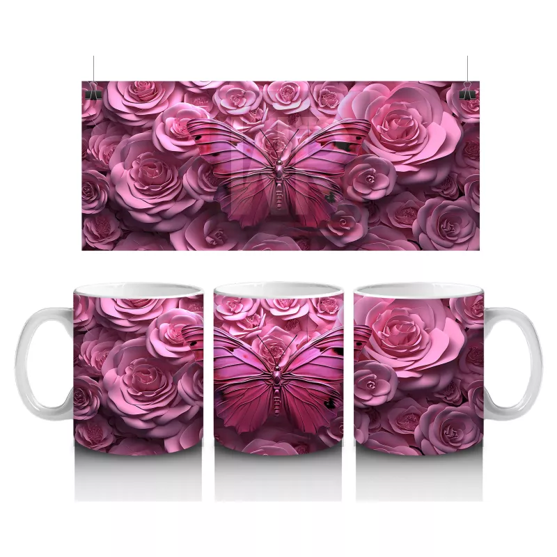 Gül Buketi Arasında Parlayan Pembe Kelebek Deseni - Baskılı kahve kupası