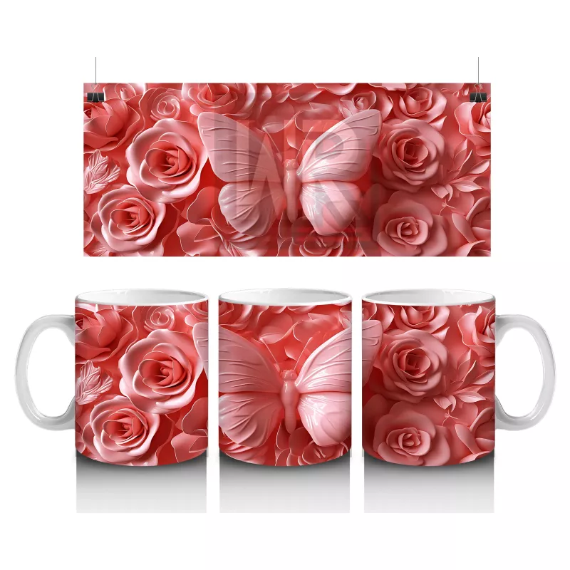 Gül Buketi Arasında Pembe Kelebek – Baskılı Kahve Kupası