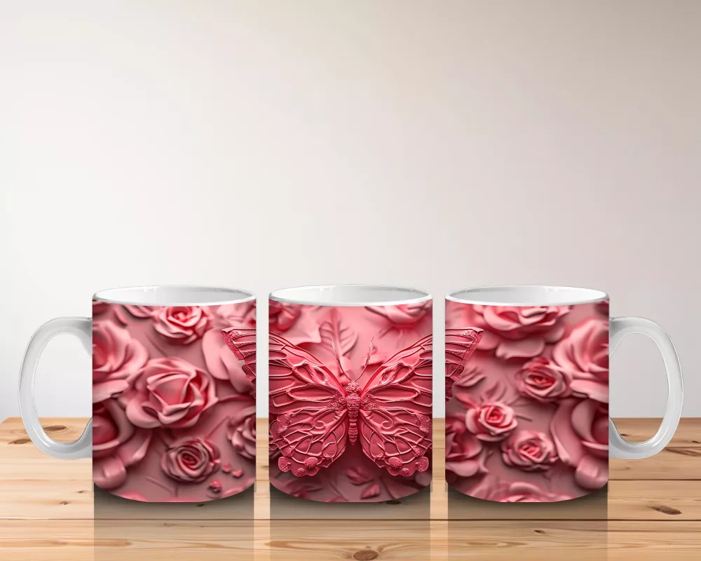 Gül Buketi Üzerinde Parlayan Kelebek – Baskılı Kahve Kupası - 5