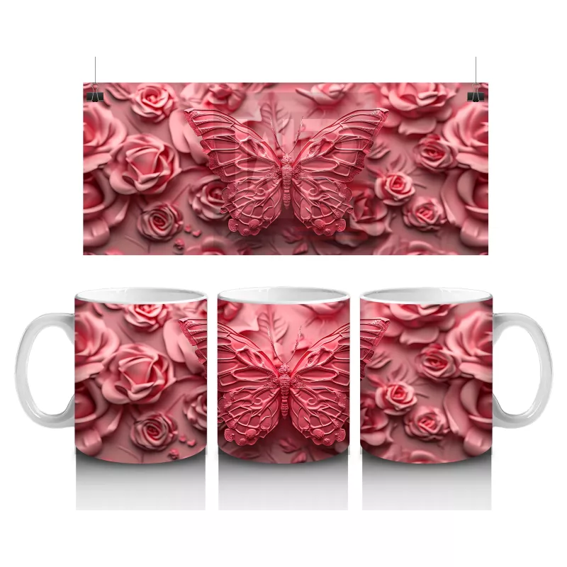 Gül Buketi Üzerinde Parlayan Kelebek – Baskılı Kahve Kupası