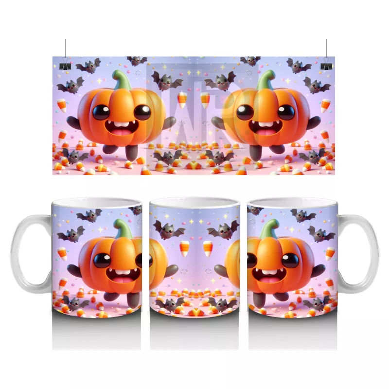 Gülen Balkabakları ve Yarasa Figürlü Renkli Cadılar Bayramı Baskılı Kupa