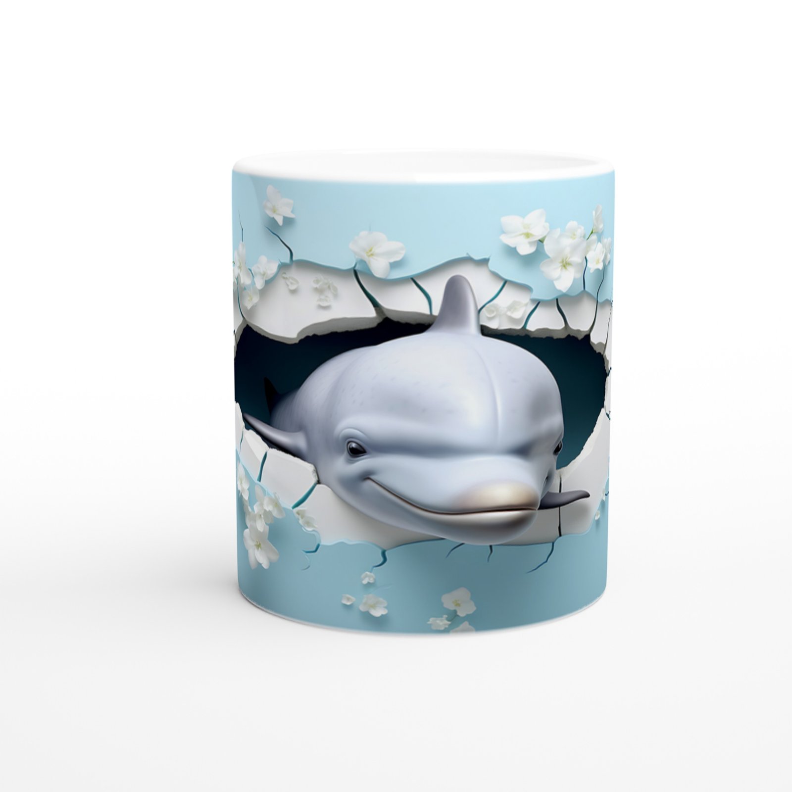 Gülen Yunus ve Çiçeklerle Delinen Duvar Su Altı Temalı Kupa Bardak