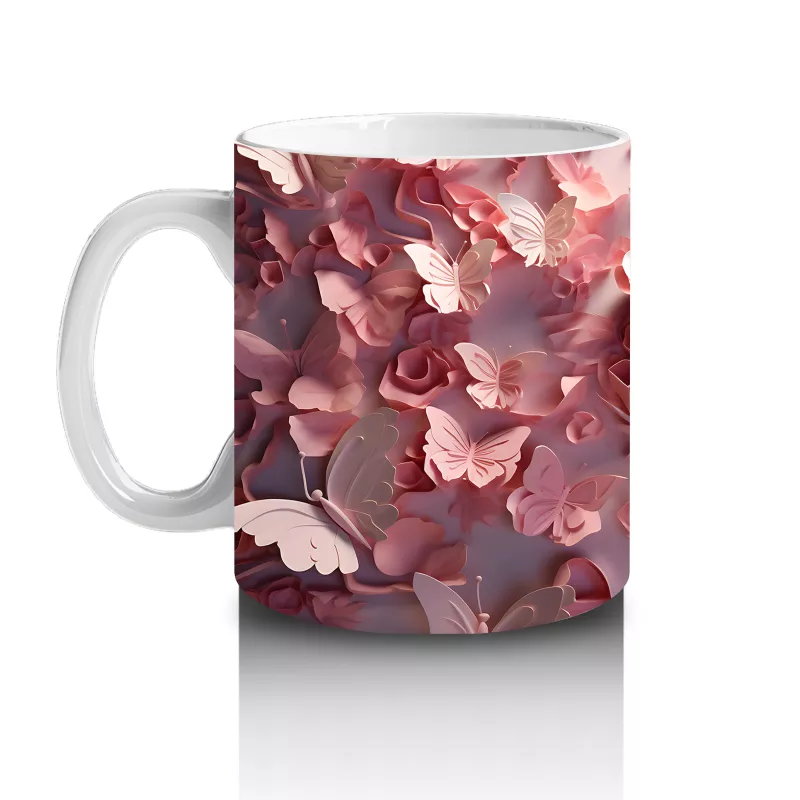 Güllerle Kaplı Zeminde Beyaz Kelebek – Baskılı Kahve Kupası - 2