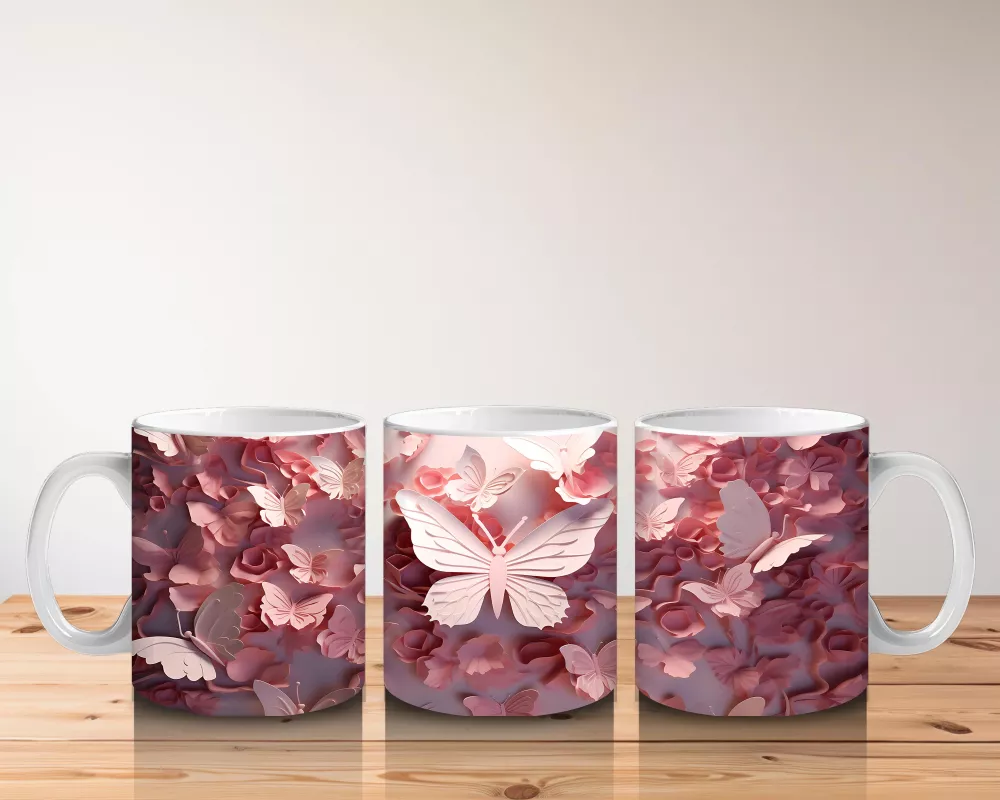 Güllerle Kaplı Zeminde Beyaz Kelebek – Baskılı Kahve Kupası - 5